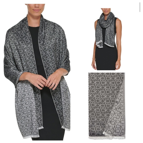Calvin Klein Monogram CK Logo-Print Pashmina Wrap Scarf - Picture 1 of 3